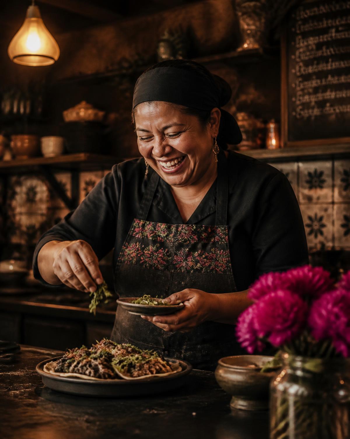 La chef Mariela Sanchez riendo mientras emplata tacos