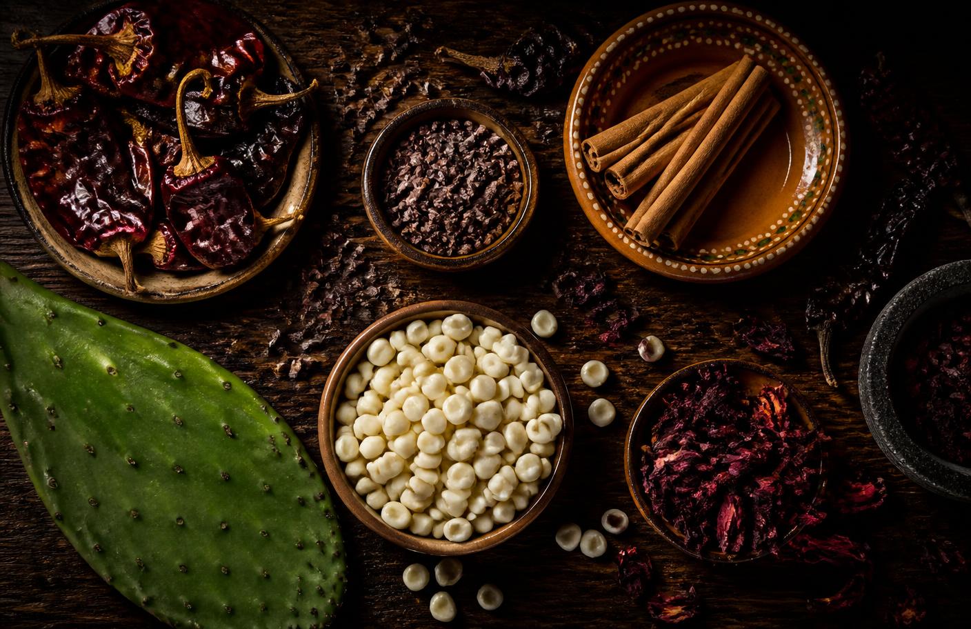 Chiles secos, cacao, canela, maíz nixtamalizado y flor de jamaica sobre madera oscura