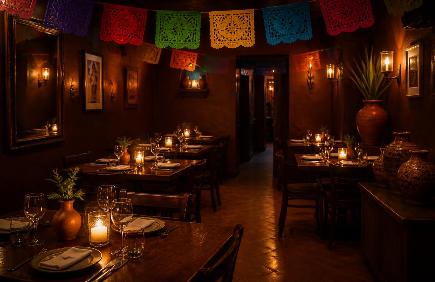Comedor del restaurante con velas y papel picado